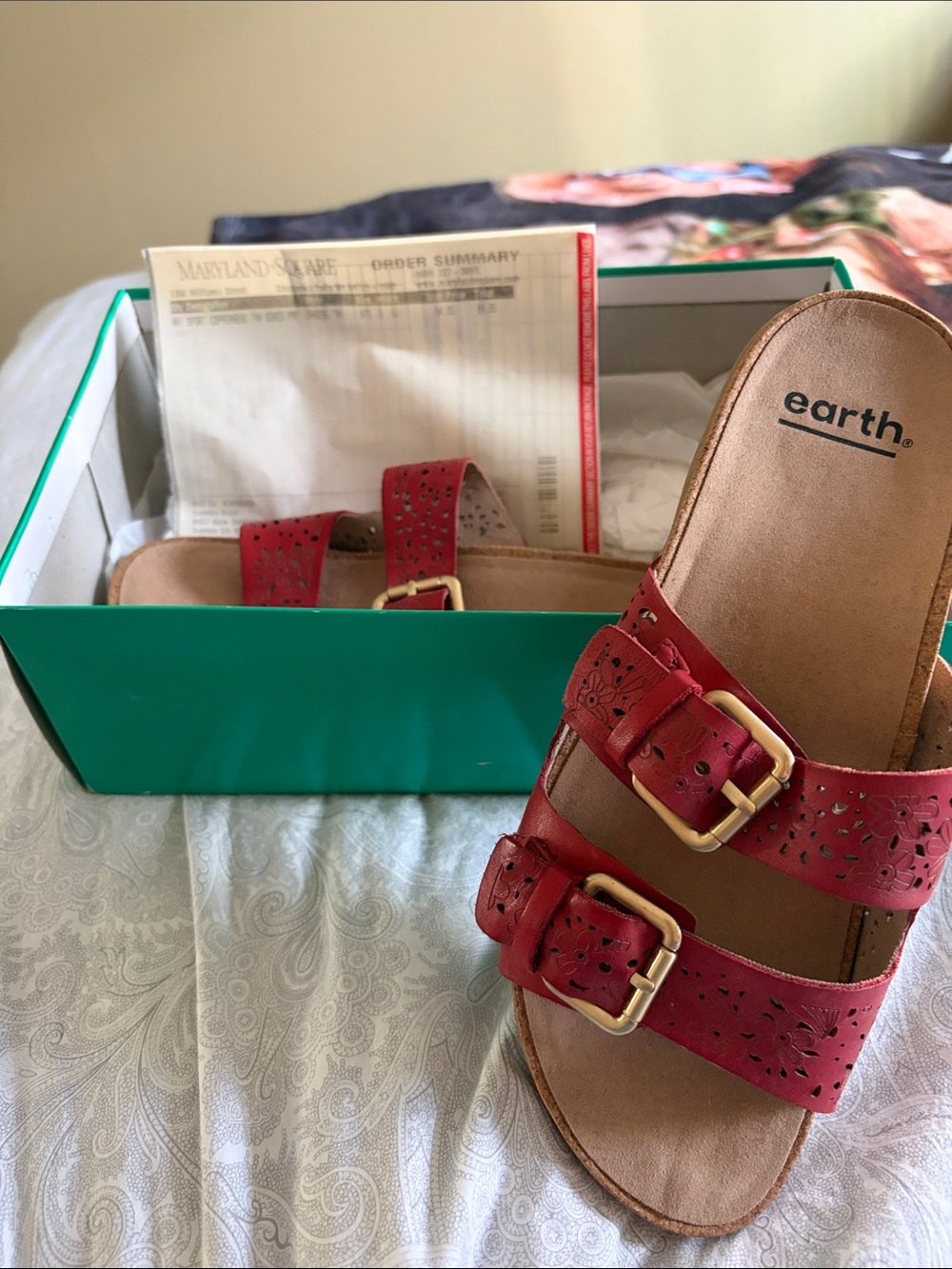 Earth Red Double-Buckle Perforated Slide Sandals